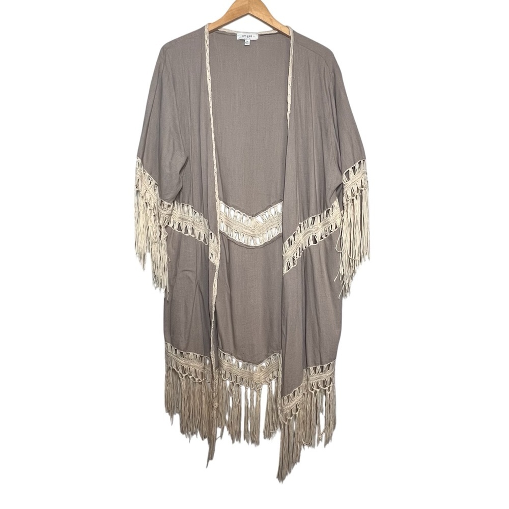 Umgee Cardigan Womens Size 2XL Tan Fringed Open Front Linen Blend Boho Western